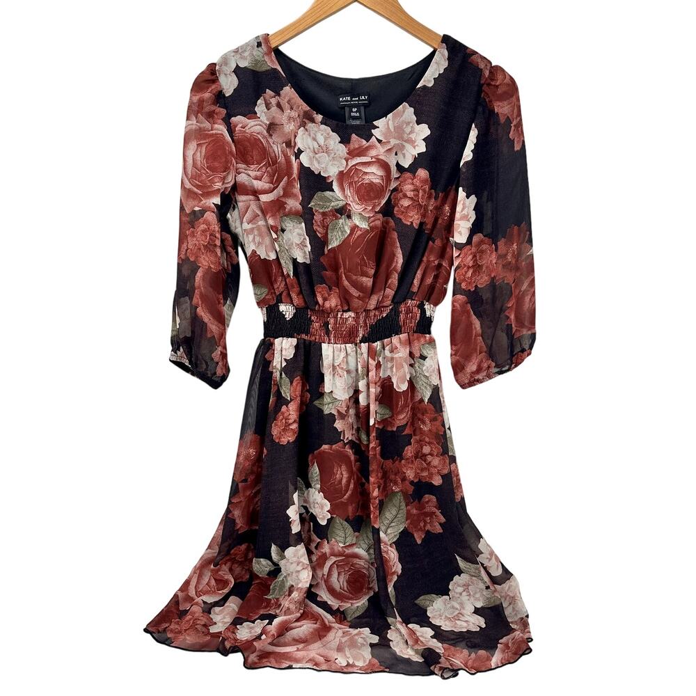 Kate and Lily Dress Floral Midi Womens Petite 6 6p Sheer Sleeve Pullover Smocked
